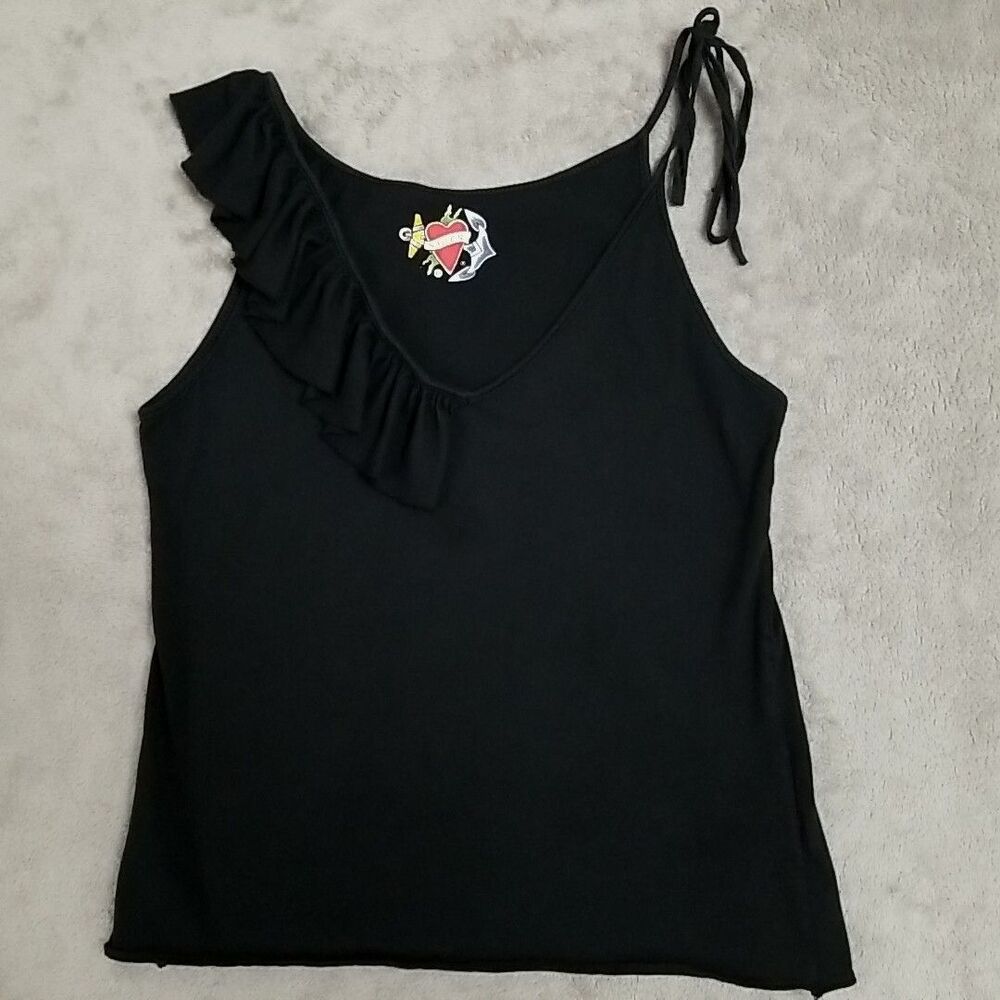 Vtg SAILOR- BLACK Ruffled Tank Top Size MEDIUM 100% Cotton USA Made